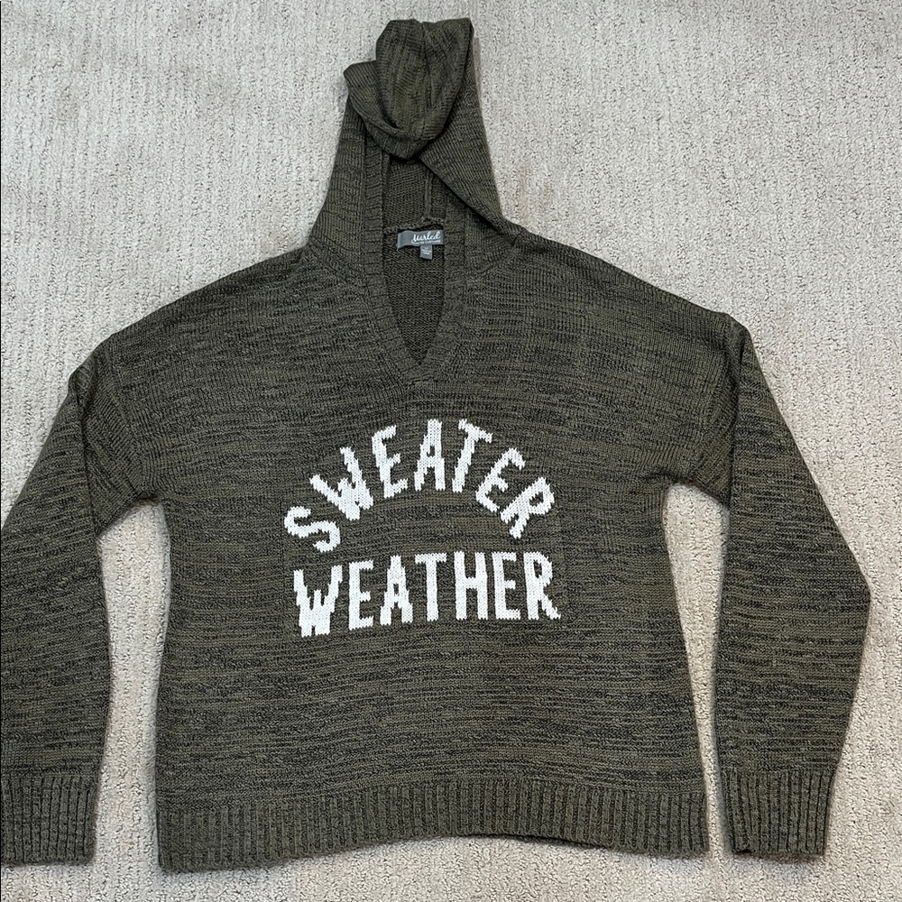 Marled Olive Green “Sweater Weather” Hooded Sweater Size M